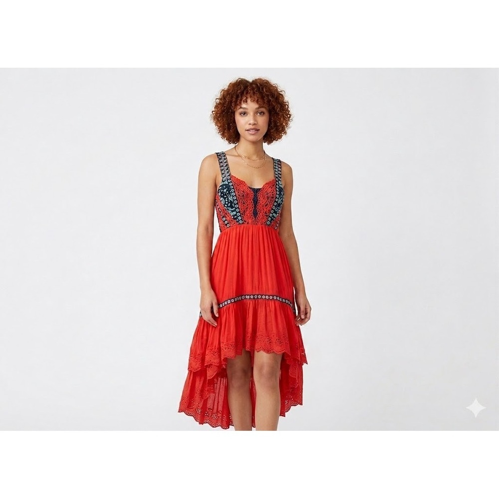 Free People Midi Dress 0 Red Eyelet Bossa Nova Boho Hi-Low Embroidered Festival